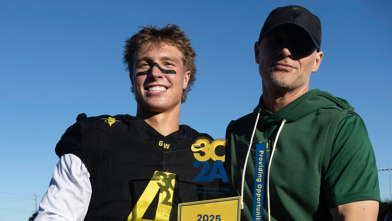 Tanner Schmidt with Golden West Head Coach Nick Mitchell (Photo By Sean Sydnor)